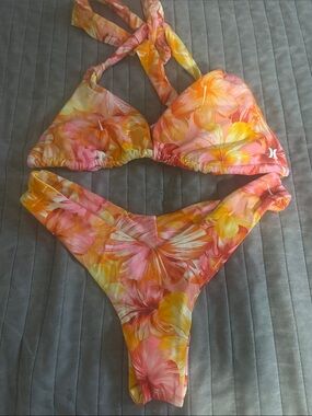 Hurley Floral Halter Bikini in Yellow, Coral & Pink